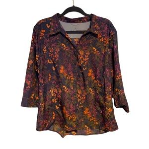 Royal Robbin’s button down shirt with floral pattern. Navy, orange, purple/pink.